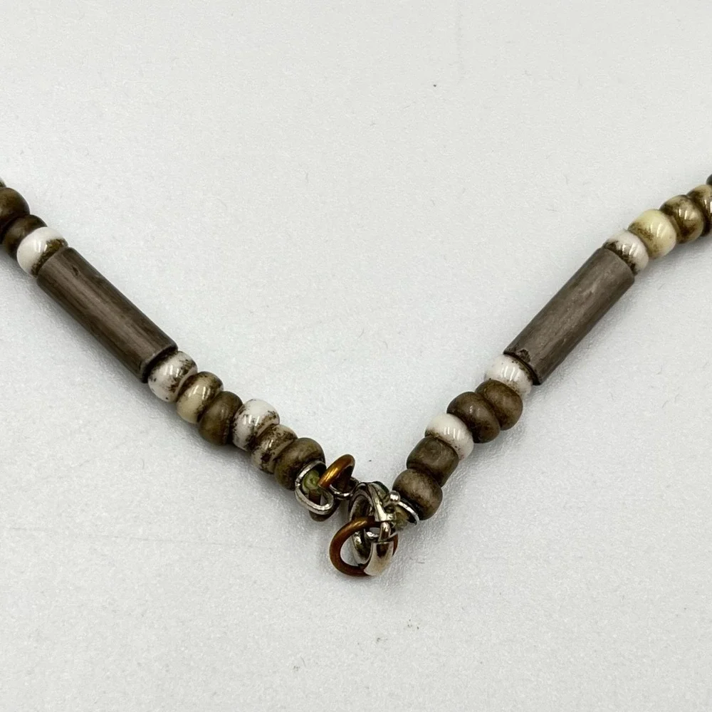 Vintage Retro Earthy Grey Stone & Wood Tube Bead Necklace‎ Boho Tribal Style